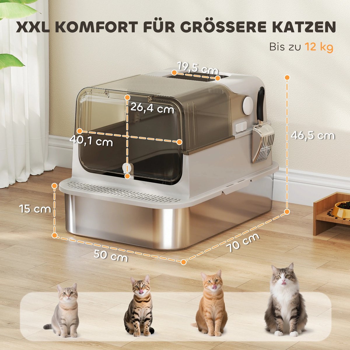Productfoto 1 van Emvae Kattenbak - XXL Kattenbak - RVS - Afgesloten - Grote Katten - Anti-geur - Klapdeksel - 70 x 50 x 46,5 cm - Licht grijs