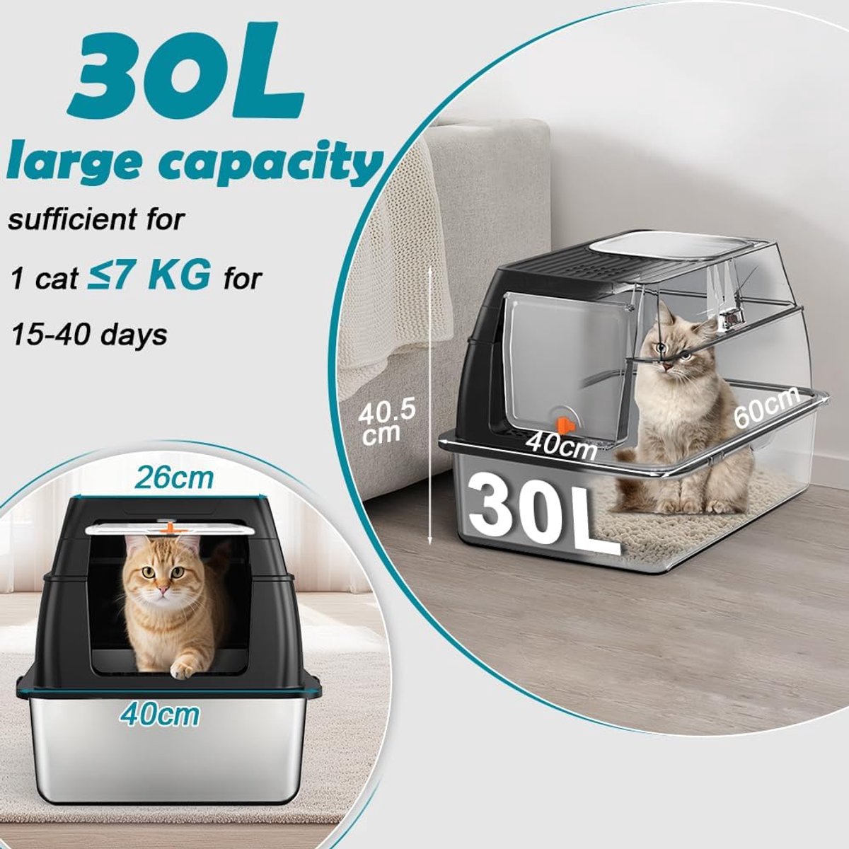 Productfoto 1 van Kattenbak Roestvrij Staal met Deksel - XL Gesloten Kattentoilet - Twee Ingangen - Inclusief Schep Mat en Opstapje - 60x40x39,5 cm (Zwart)
