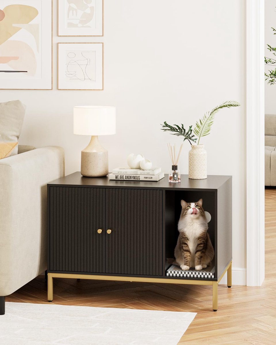 Productfoto 1 van Kattenbak kast, kattenkast met dubbele deuren, kattenhuis met krabmat, hoge poten, voor kattentoilet, bijzettafel, 80 x 50 x 55 cm, zwart, verticale strepen