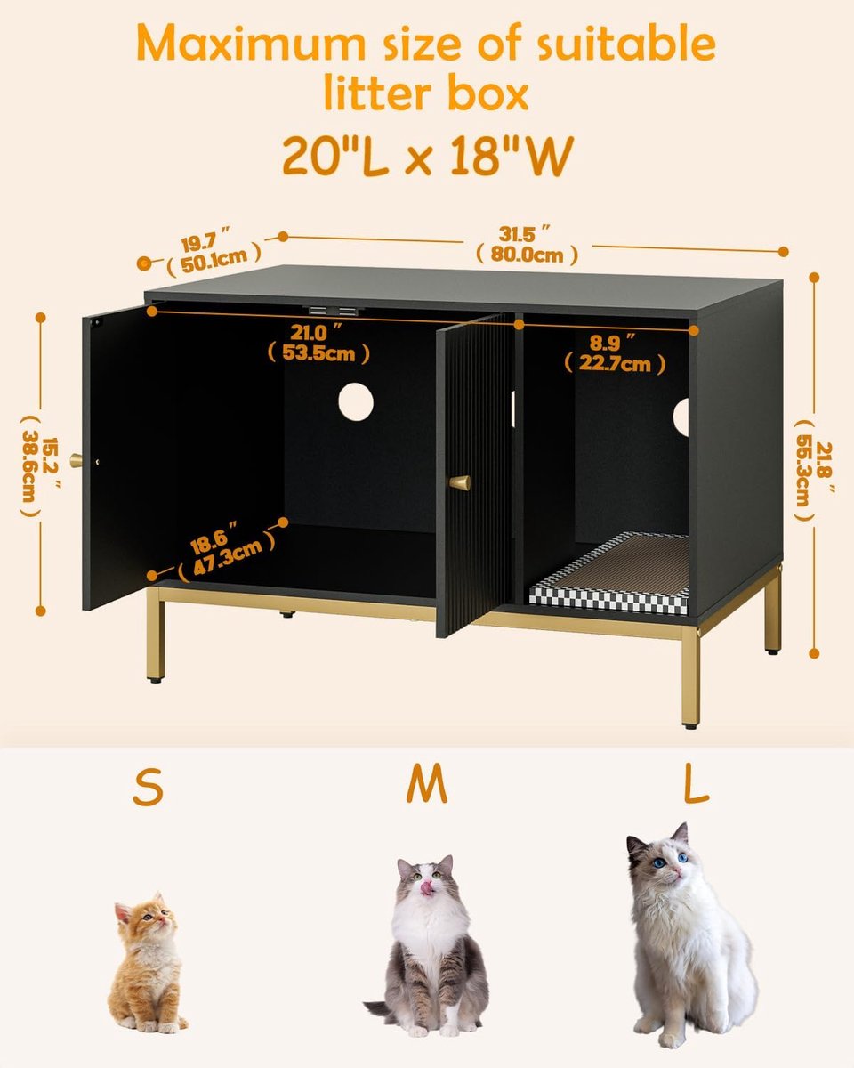 Miniatuur van productfoto 2 van Kattenbak kast, kattenkast met dubbele deuren, kattenhuis met krabmat, hoge poten, voor kattentoilet, bijzettafel, 80 x 50 x 55 cm, zwart, verticale strepen