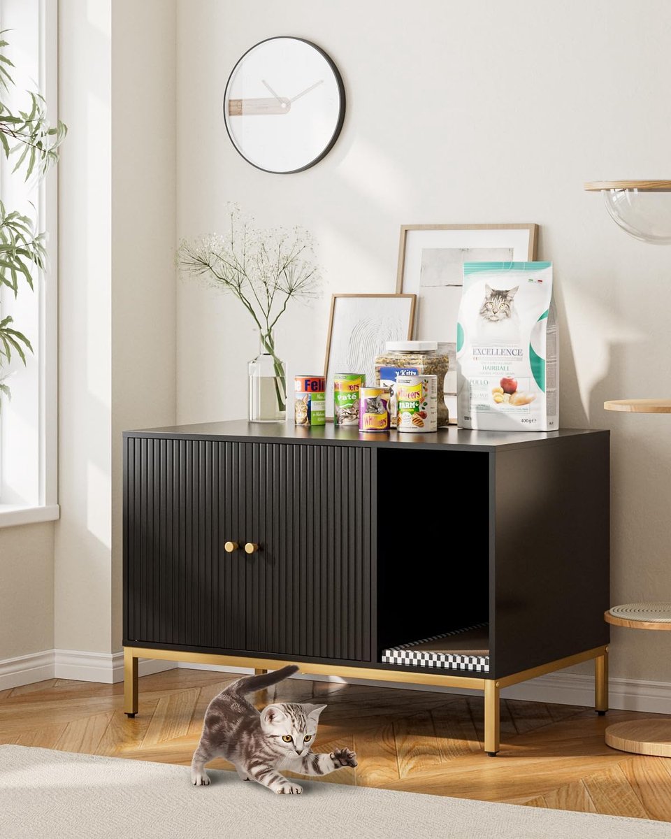 Miniatuur van productfoto 4 van Kattenbak kast, kattenkast met dubbele deuren, kattenhuis met krabmat, hoge poten, voor kattentoilet, bijzettafel, 80 x 50 x 55 cm, zwart, verticale strepen