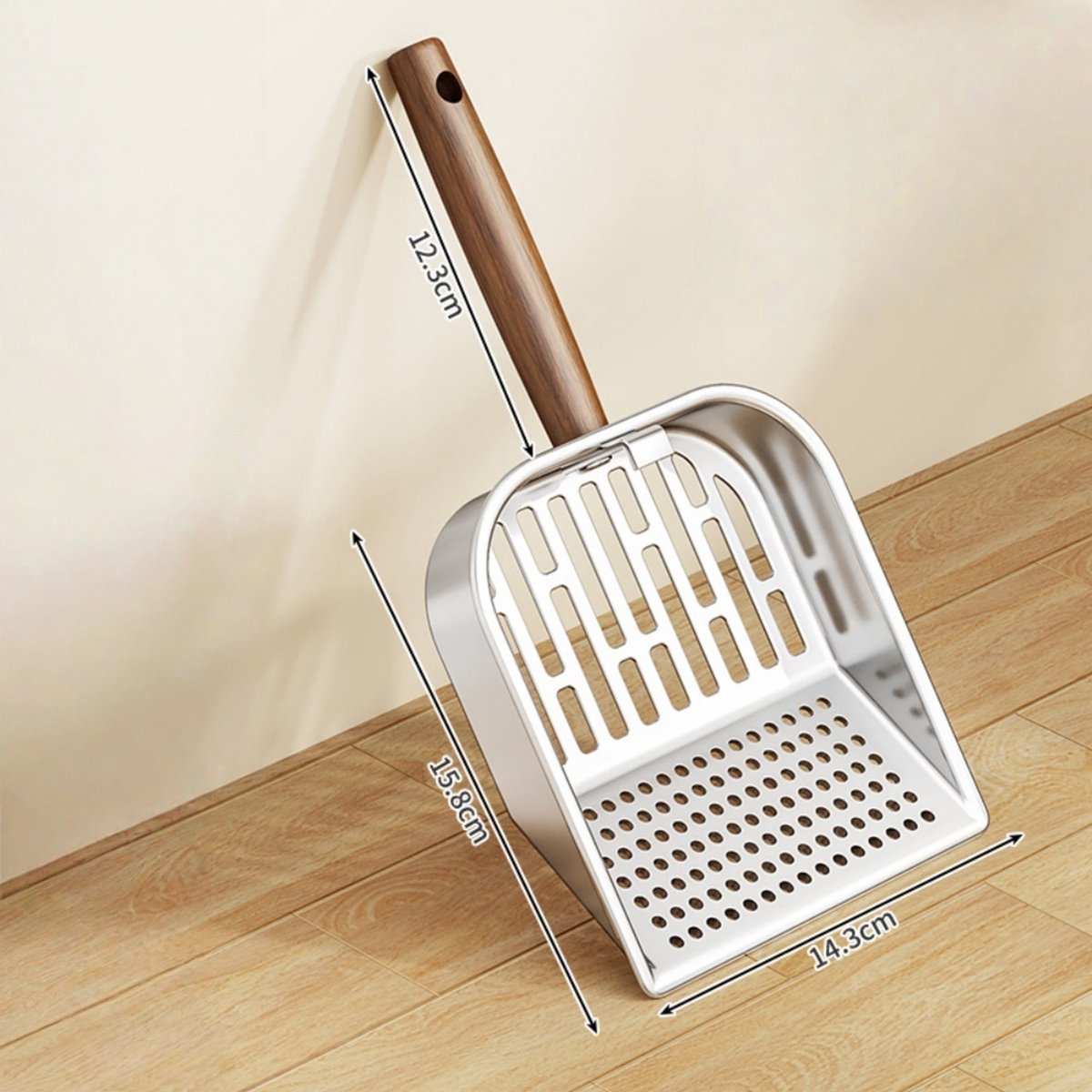 Productfoto 1 van 1 stuk - Kattenbakvulling schep - Roestvrij staal - Versterkte lange steel - Geperforeerde schep - Rond gatontwerp - Geschikt voor de meeste soorten kattenbakvulling - Zilver
