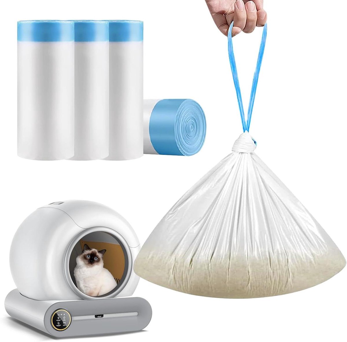 Miniatuur van productfoto 9 van Kattentoilet Zakken - Vuilniszakken Kat - Netheid Houden - Trekband Ontwerp - 60 Stuks - Blauw Wit