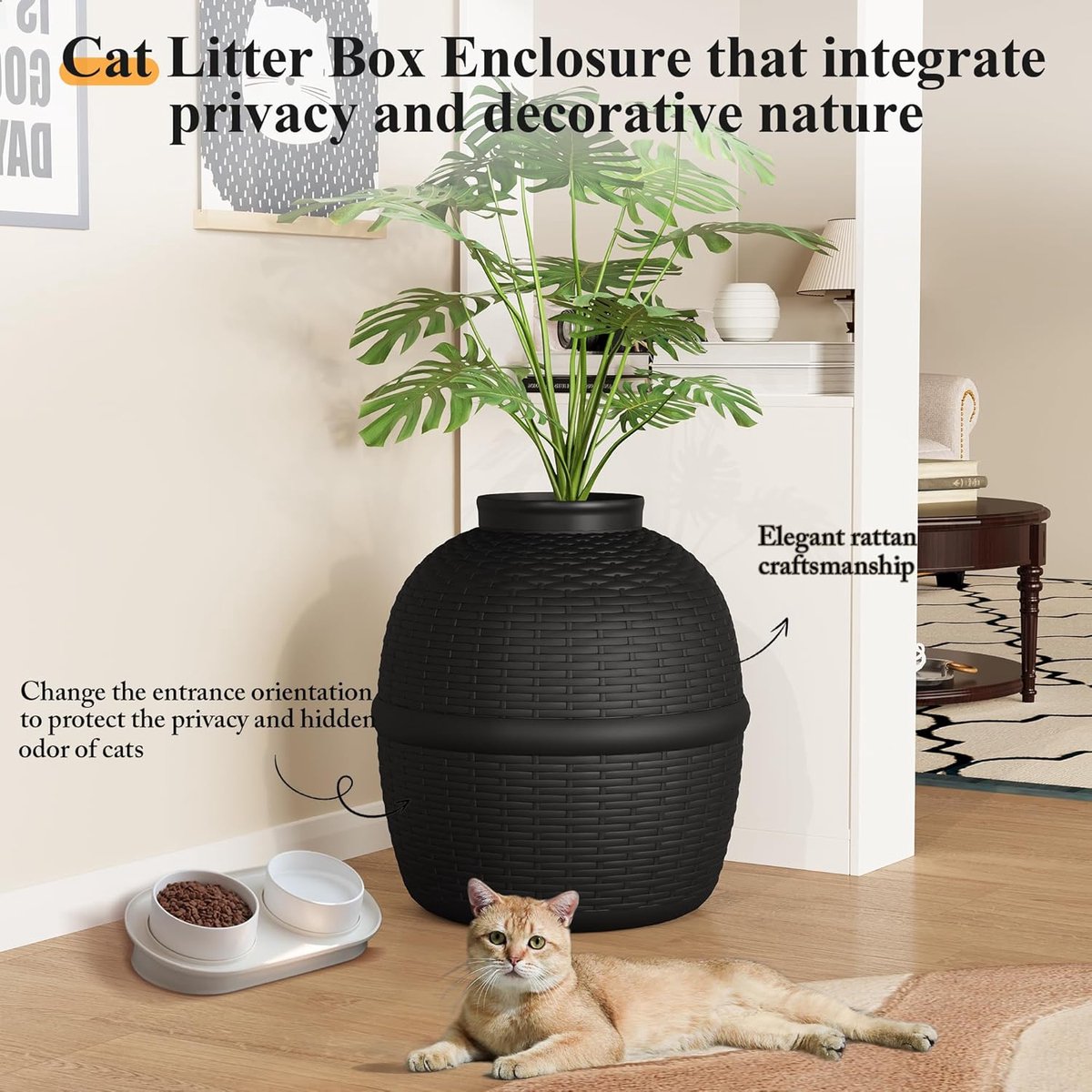 Miniatuur van productfoto 3 van Verborgen Kattenbak - Kattenbak Meubel - Privacy Voor Kat - Rotan Stijl Kunstplant - 108x45x45 cm - Houtskool Zwart