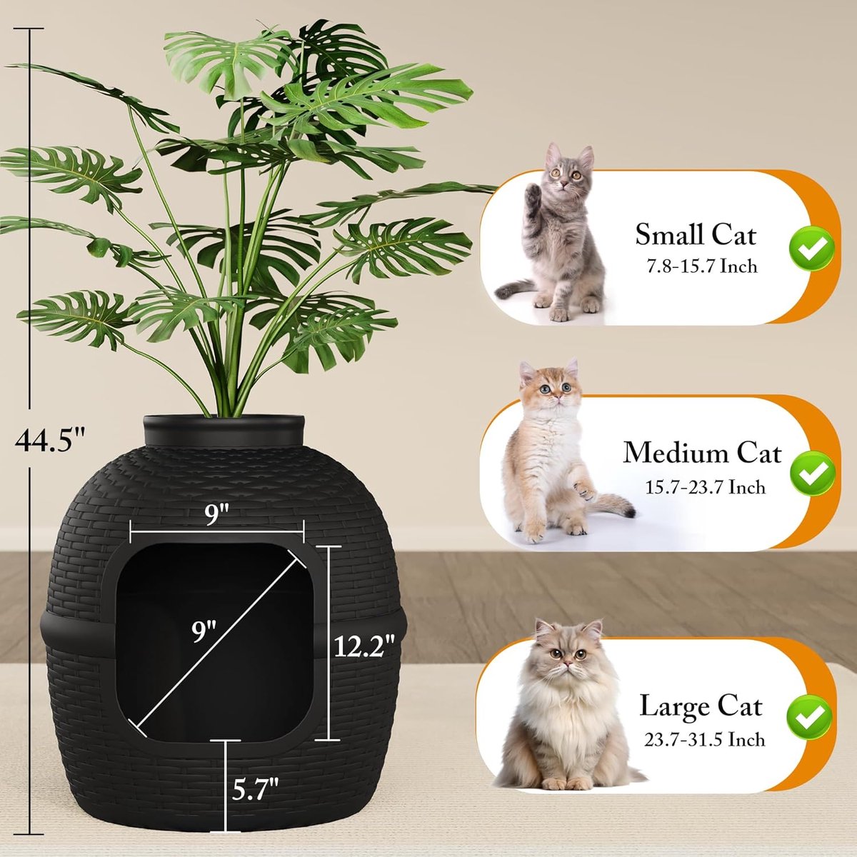Miniatuur van productfoto 4 van Verborgen Kattenbak - Kattenbak Meubel - Privacy Voor Kat - Rotan Stijl Kunstplant - 108x45x45 cm - Houtskool Zwart