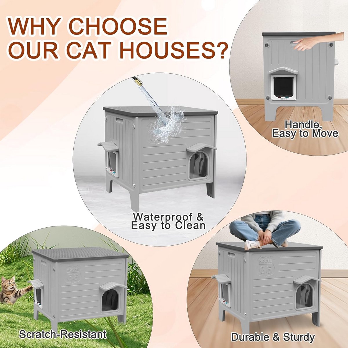 Productfoto 1 van Kattenhuis Buiten - Dierenverblijf Isolatie - Bescherming Jaarrond - Verwijderbaar Dak - 56x41x53 cm - Grijs