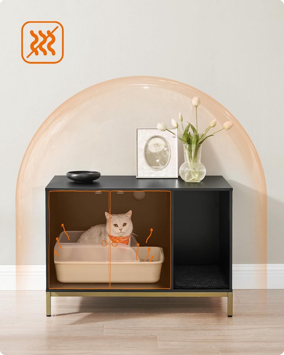 Productfoto 1 van Kattenbakmeubel - Kattenhuisje Kast - Kattenbak Verbergen - Met Krabmat - 80x50x55 cm - Zwart Goud