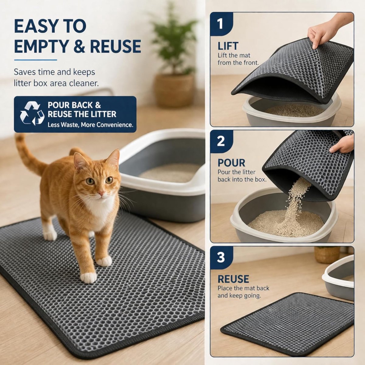 Productfoto 1 van Kattenbakmat - Onderlegger - Kattenbak Netjes - Honingraatontwerp - 60 x 40 cm - Grijs