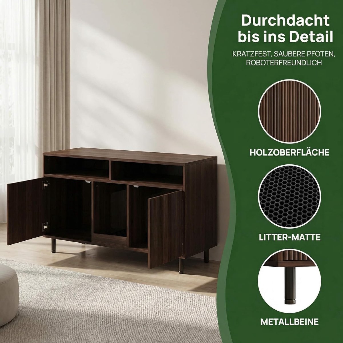 Productfoto 1 van Kattenbak Kast - Kattenmeubel Dressoir - Kattenbak Verbergen - XXL Dubbel Ontwerp - 45x19x30 cm - Walnoot