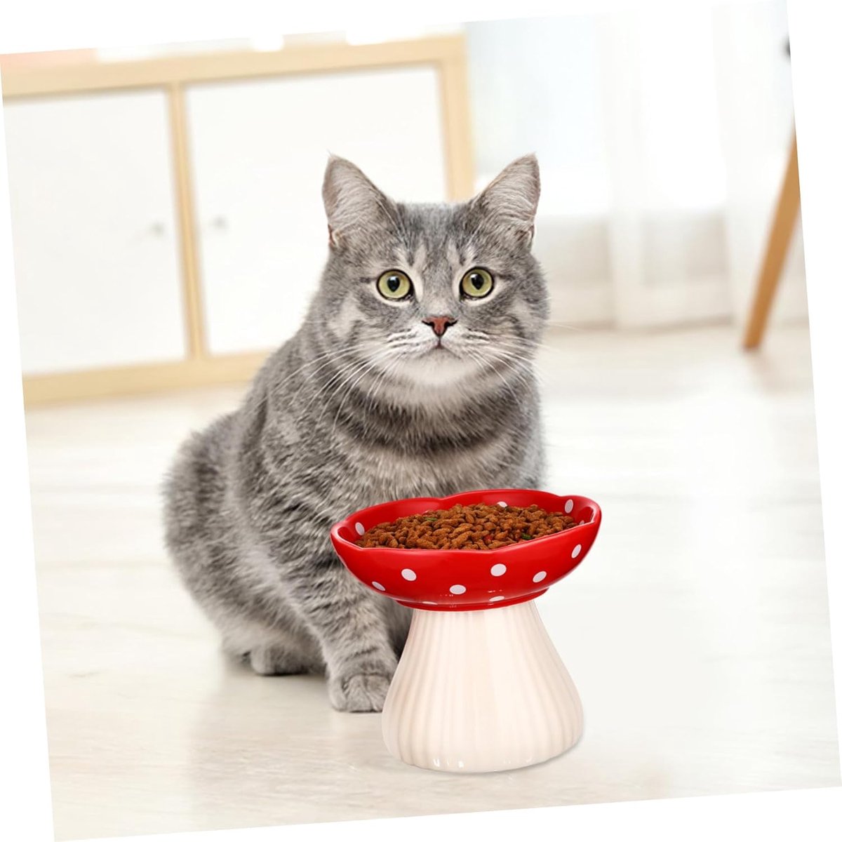 Miniatuur van productfoto 2 van Keramische Verhoogde Kattenvoerbak - Hoge Kattenbak Paddenstoel Voerbak - Comfortabel Voeren - Snorhaarvriendelijk Ontwerp