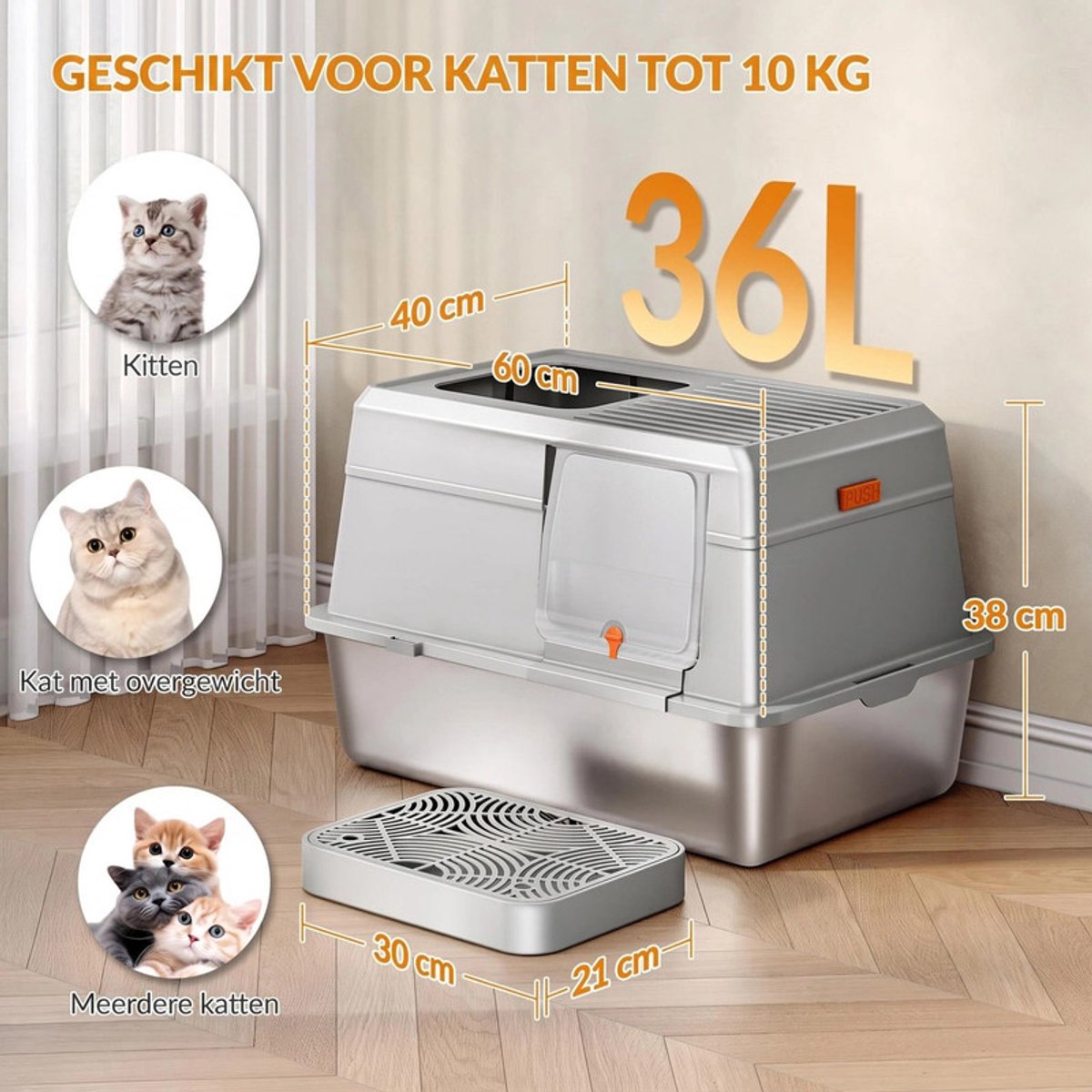 Miniatuur van productfoto 3 van Hzuaneri Roestvrijstalen Kattenbak, XXL Metalen Kattenbak, Donkergrijs,Kattenbak met Deksel, Inclusief Opstapje en Schepje, Eenvoudig Schoon te Maken, Twee Ingangen, 60 x 40 x 38 cm