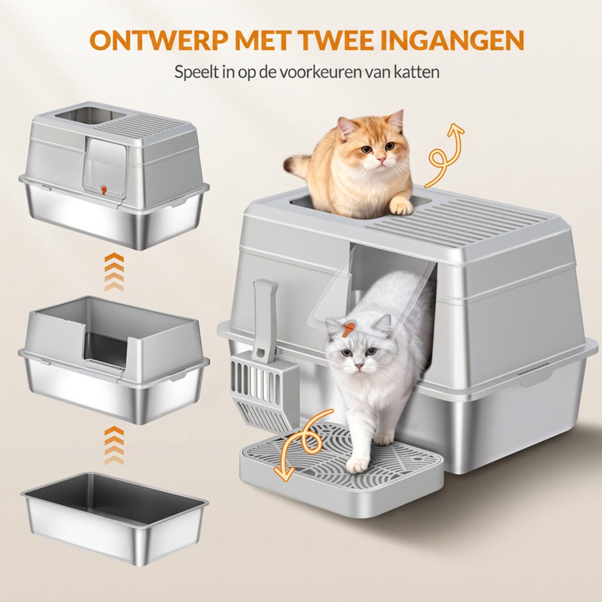 Miniatuur van productfoto 4 van Hzuaneri Roestvrijstalen Kattenbak, XXL Metalen Kattenbak, Donkergrijs,Kattenbak met Deksel, Inclusief Opstapje en Schepje, Eenvoudig Schoon te Maken, Twee Ingangen, 60 x 40 x 38 cm
