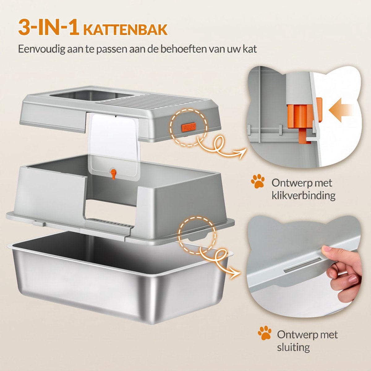 Miniatuur van productfoto 5 van Hzuaneri Roestvrijstalen Kattenbak, XXL Metalen Kattenbak, Donkergrijs,Kattenbak met Deksel, Inclusief Opstapje en Schepje, Eenvoudig Schoon te Maken, Twee Ingangen, 60 x 40 x 38 cm