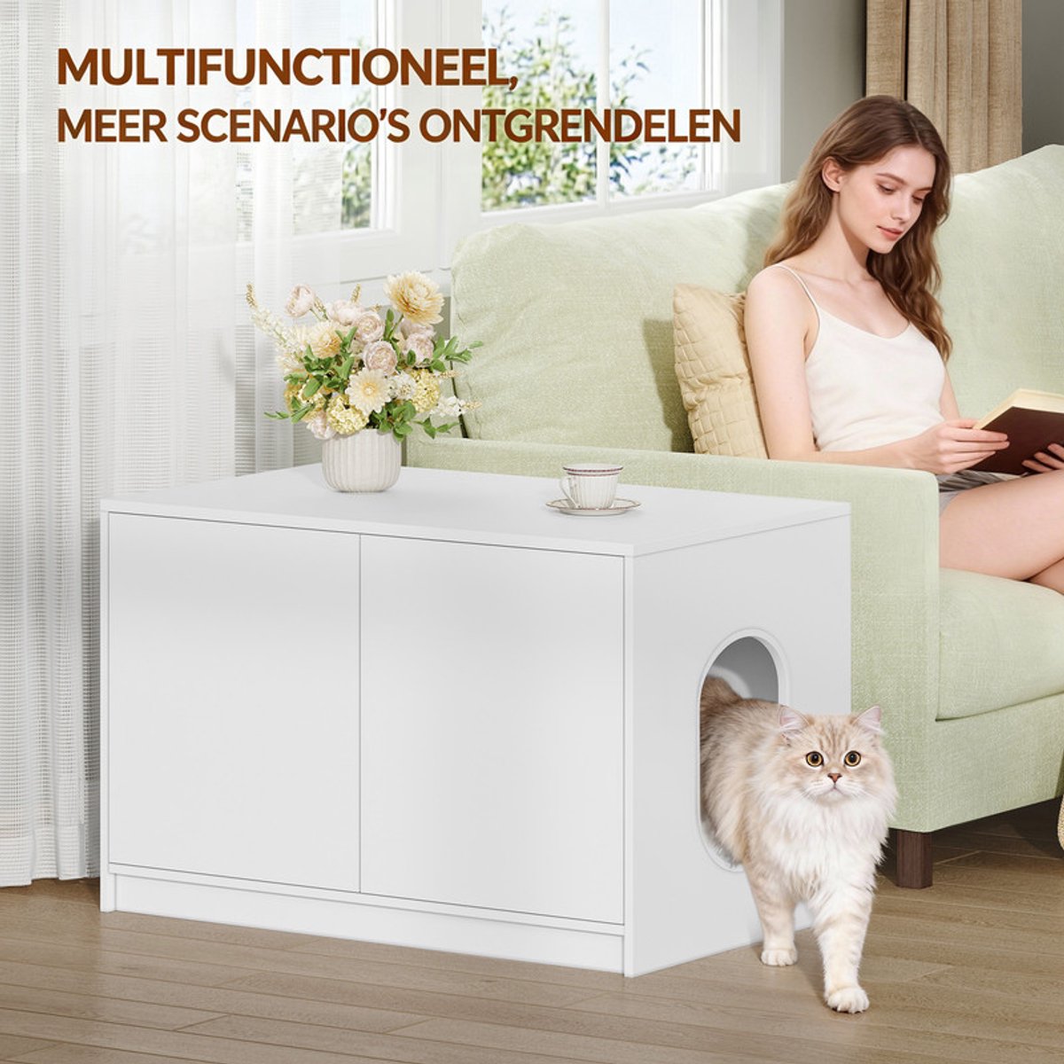 Miniatuur van productfoto 2 van Hzuaneri Kattenbak Kast,Druk-open Deuren & Ventilatiegaten,80 cm, Wit