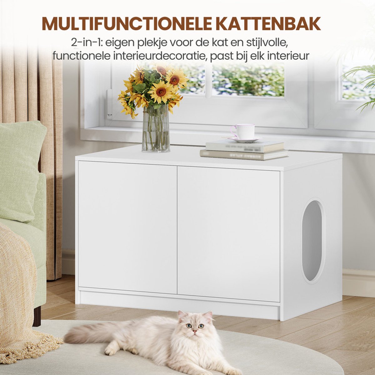 Miniatuur van productfoto 5 van Hzuaneri Kattenbak Kast,Druk-open Deuren & Ventilatiegaten,80 cm, Wit
