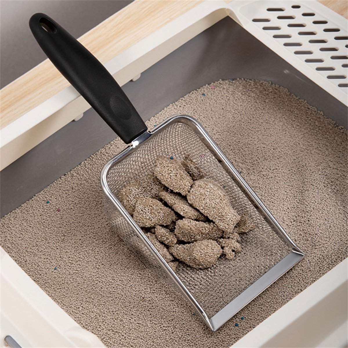 Miniatuur van productfoto 4 van Multifunctionele kattenbakschep - RVS gaasschep - Lange steel - 8 ogen 2,8 x 2,8 mm - Huisdierbenodigdheden - Schoonmaakschep voor huisdieren - Zwart - 1 stuk