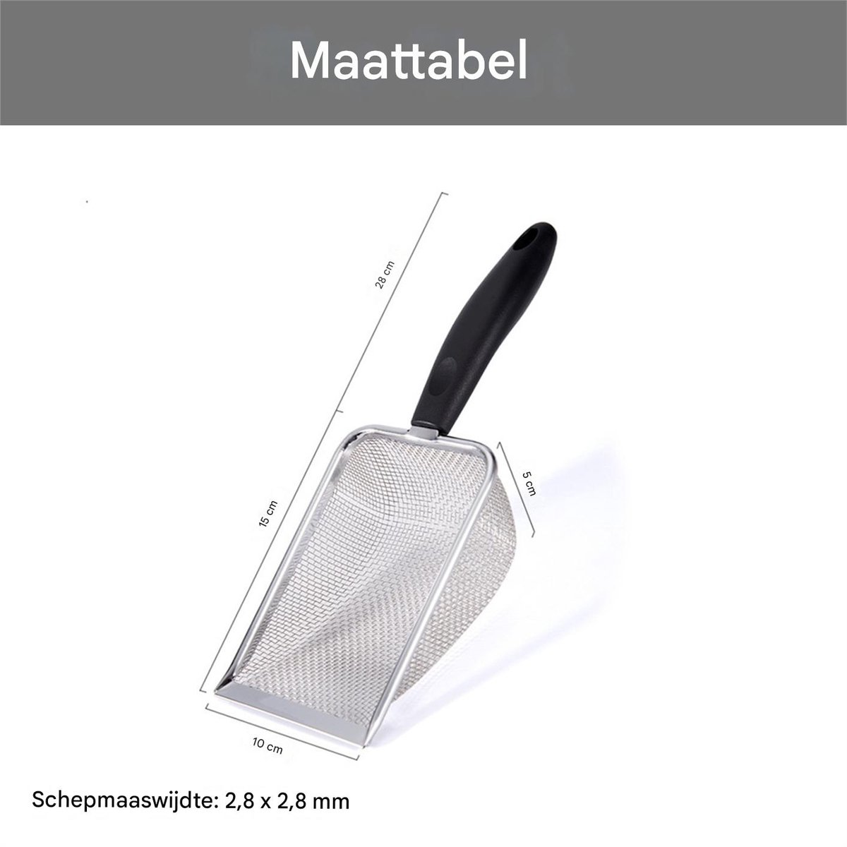 Miniatuur van productfoto 6 van Multifunctionele kattenbakschep - RVS gaasschep - Lange steel - 8 ogen 2,8 x 2,8 mm - Huisdierbenodigdheden - Schoonmaakschep voor huisdieren - Zwart - 1 stuk