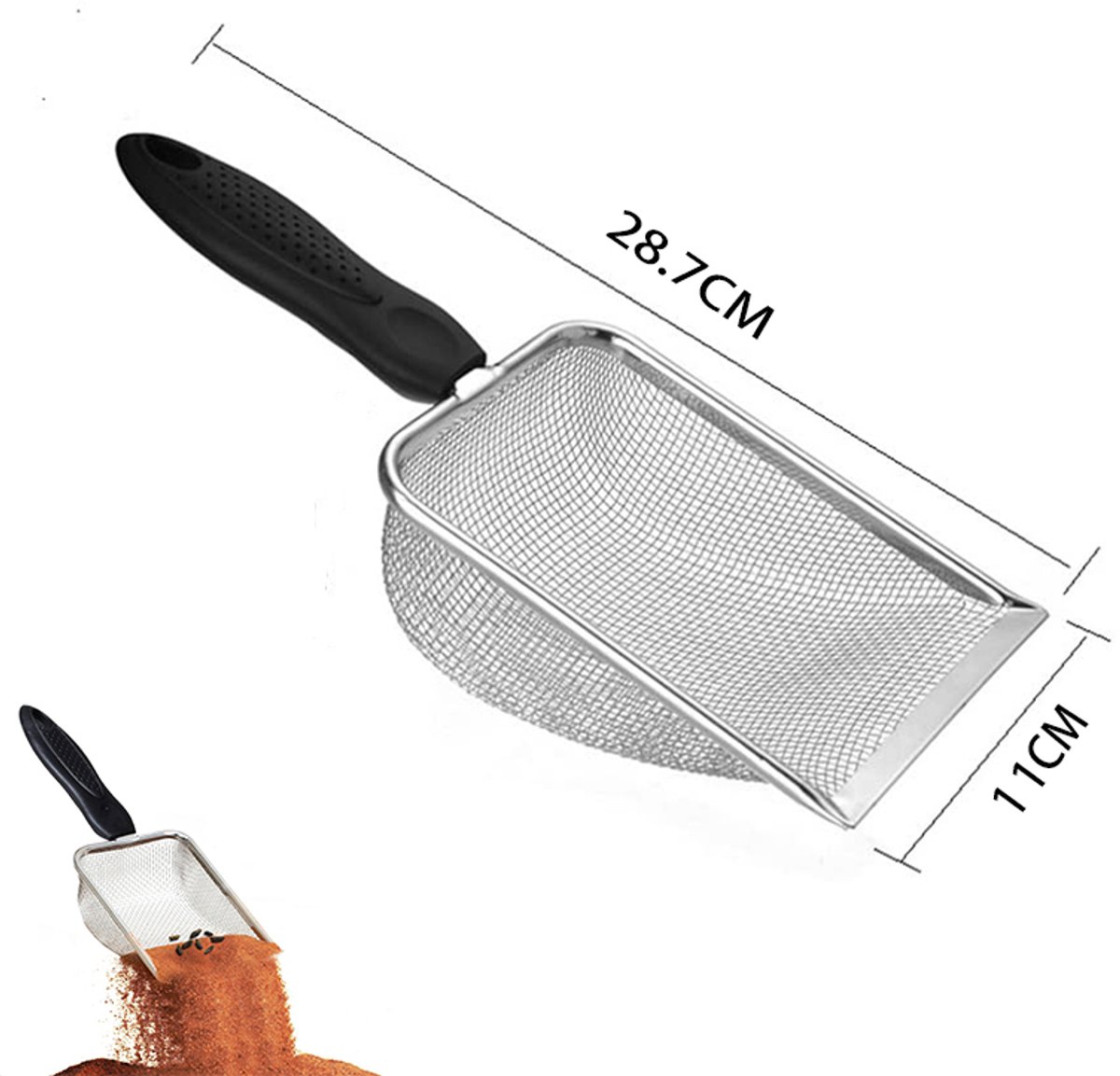 Productfoto 1 van 2 stuks - Tuinzeef met handvat - Antiaanbak kattenbakschep - Roestvrijstalen kattenbakschep met lange steel en fijnmazig gaas - Kattenbakreinigingsgereedschap - Geschikt voor klonterende kattenbakvulling, gemakkelijk schoon te maken en op te bergen